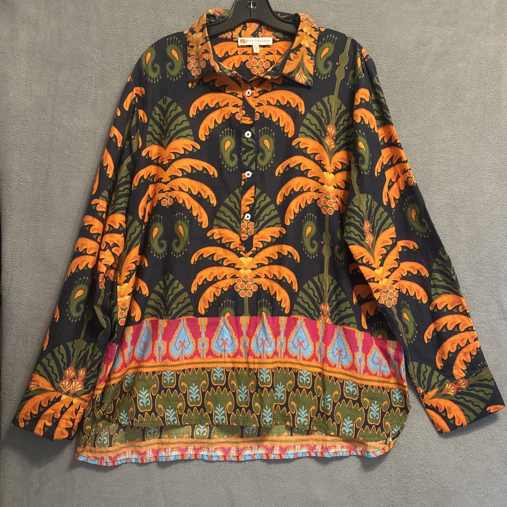 Jude Connally Pru Popover Tunic Top XXL Cotton Voile Tropical Print Maximalist